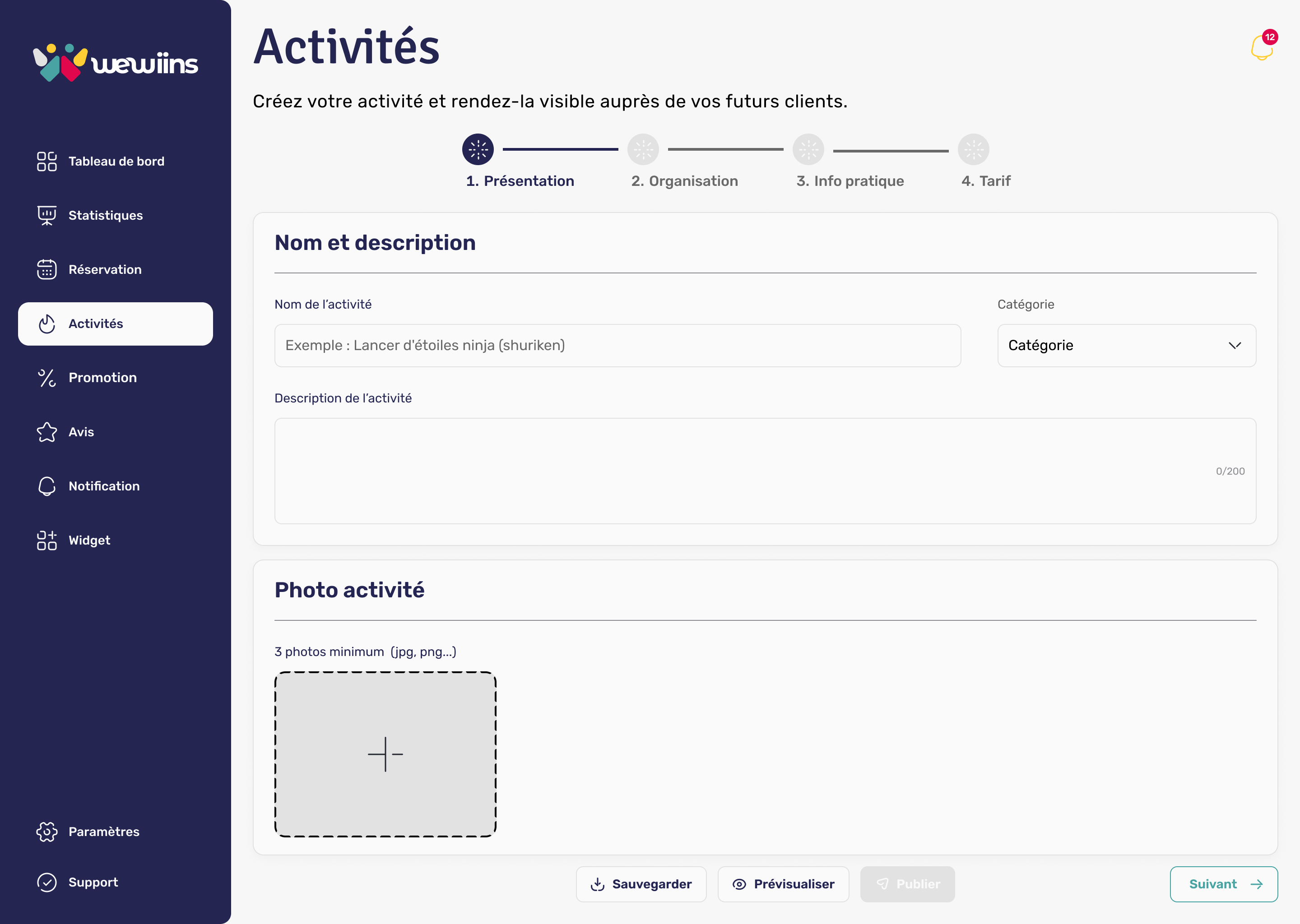 Logiciel de publication d’activités de loisirs WeWiins – création d’activité